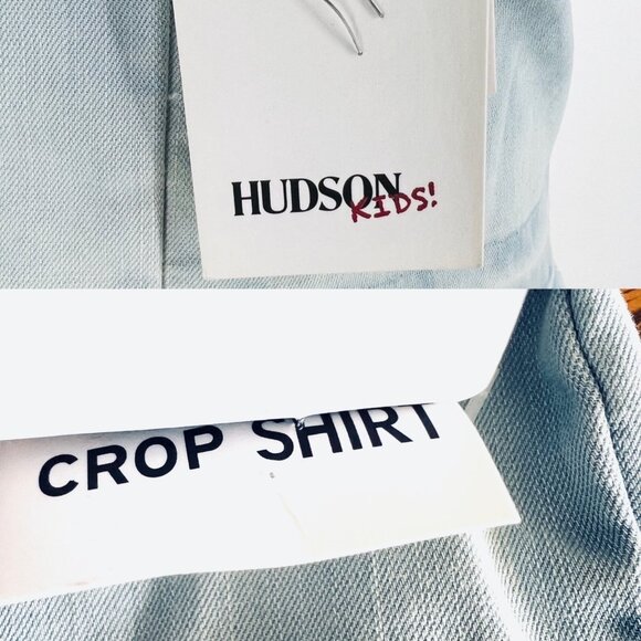 NEW HUDSON Girl Blue Crop Shirt Short Sleeve Raw Hem Snap Button Size Large - Picture 12 of 12